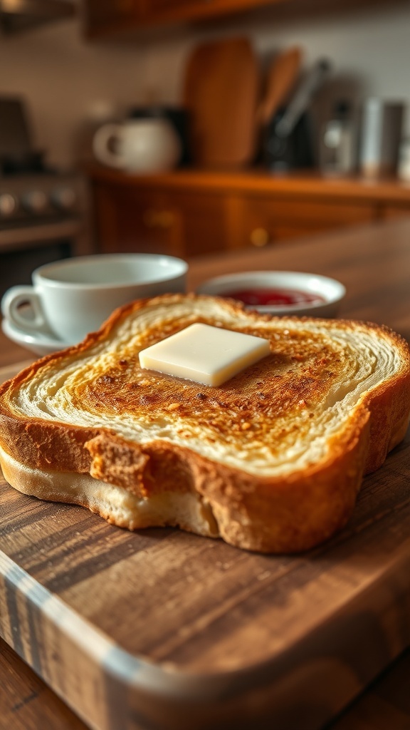 A golden brown slice of toast with melting butter on a wooden board, accompanied by a bowl of jam.
